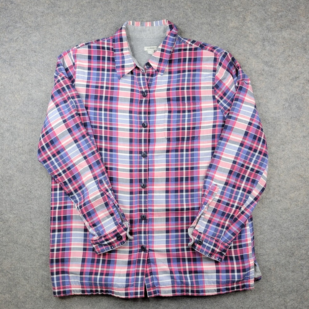 LL Bean Shirt Mens Medium Blue Plaid Fleece Lined Button Front Long Sleeve